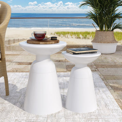Serenita Outdoor Side Tables with Flared Design set of 2, white pedestal tables on a beach patio on Tampa Home & Garden Store