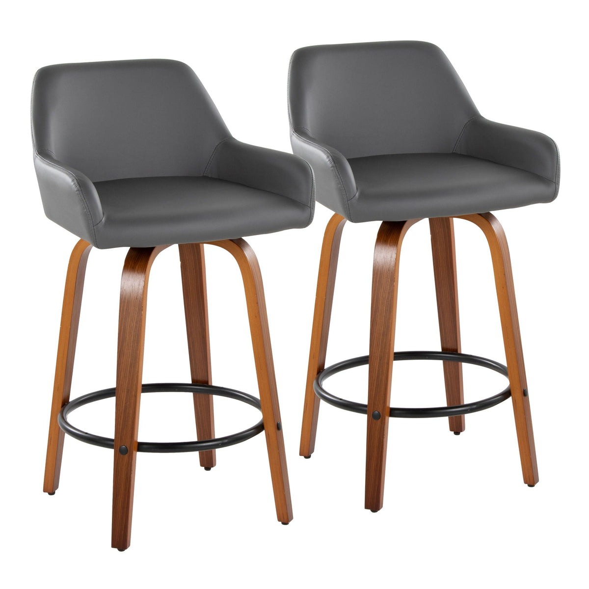 Counter stool set, gray faux leather, round footrests, curved wood legs, 2-pack on Tampa Home & Garden Store