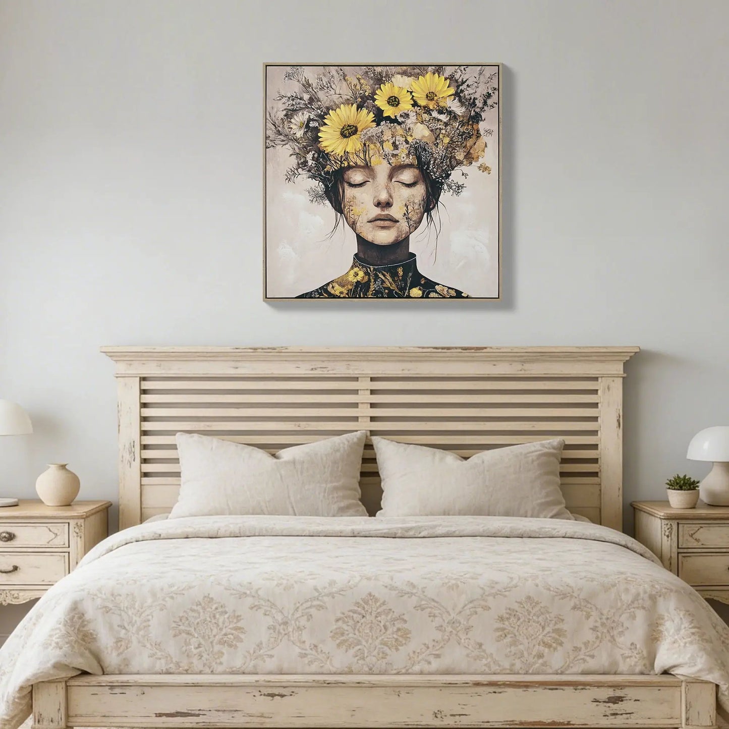 Beauty Lady canvas art: portrait with yellow floral crown in ginger tones for living room on Tampa Home & Garden Store