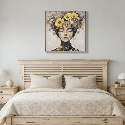 Beauty Lady canvas art: portrait with yellow floral crown in ginger tones for living room on Tampa Home & Garden Store