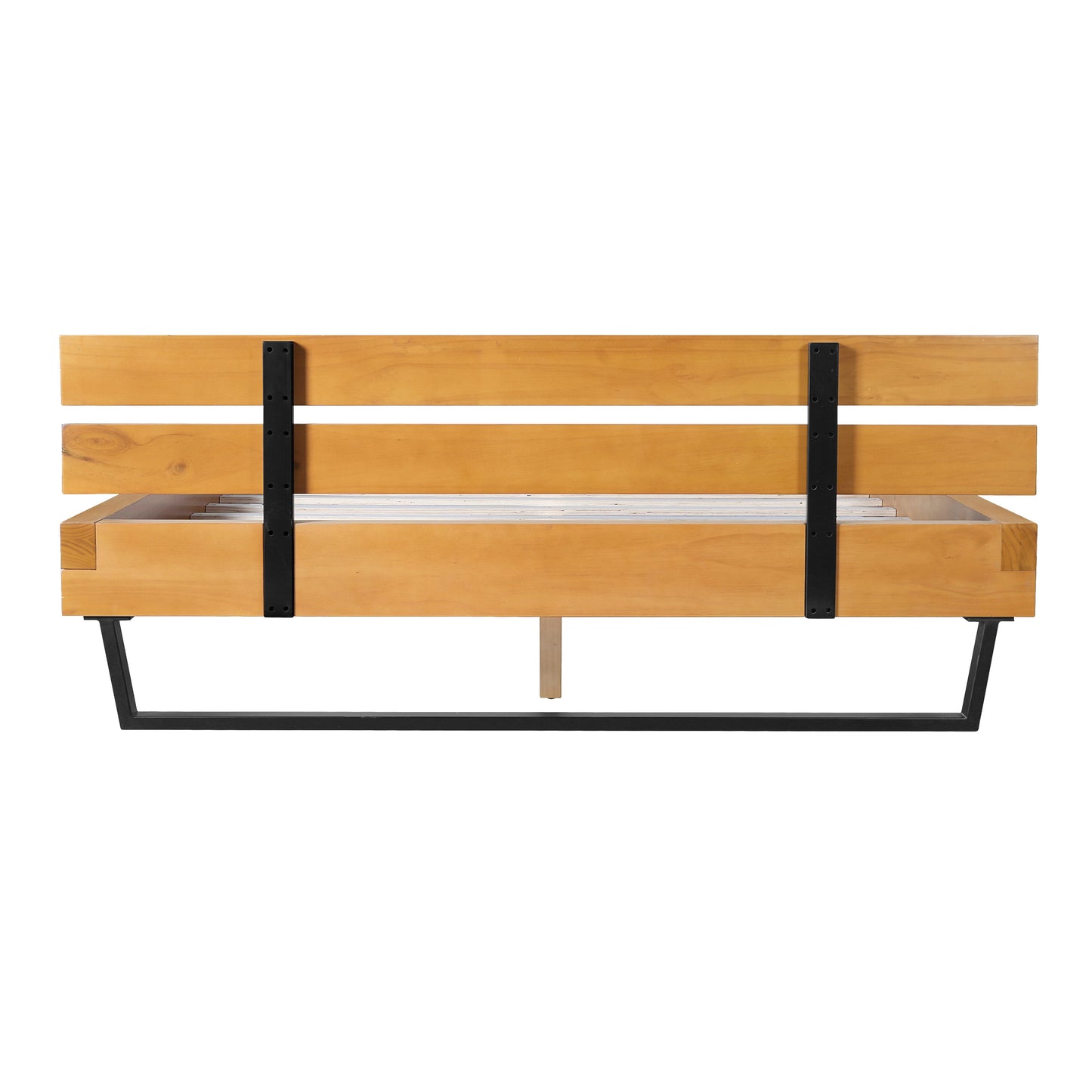 a Queen Pine Bed Frame and Black Iron Accents