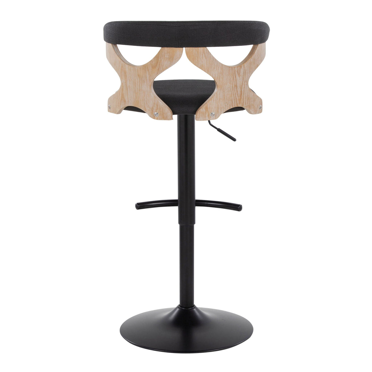 Contemporary adjustable barstool with black cushioned seat and natural wood curved legs on Tampa Home & Garden Store