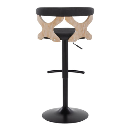 Contemporary adjustable barstool with black cushioned seat and natural wood curved legs on Tampa Home & Garden Store