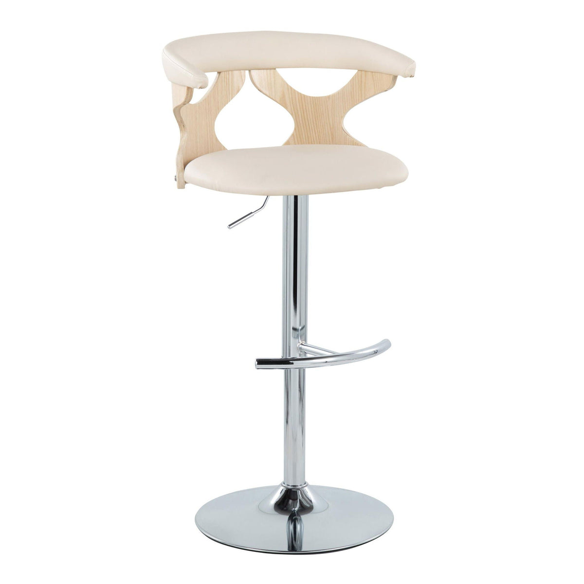 Beige adjustable swivel barstool with wood back and chrome pedestal base on Tampa Home & Garden Store