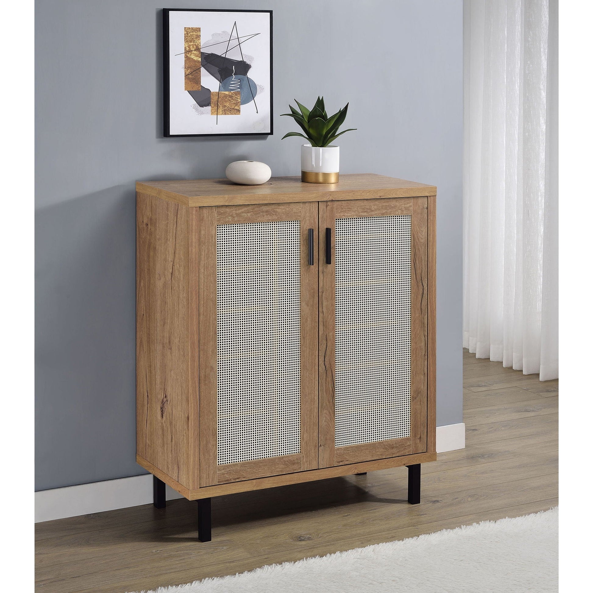 Stagg 2-Door Shoe Storage Cabinet Natural with cane doors and black metal legs by HouseOfZazla on Tampa Home & Garden Store