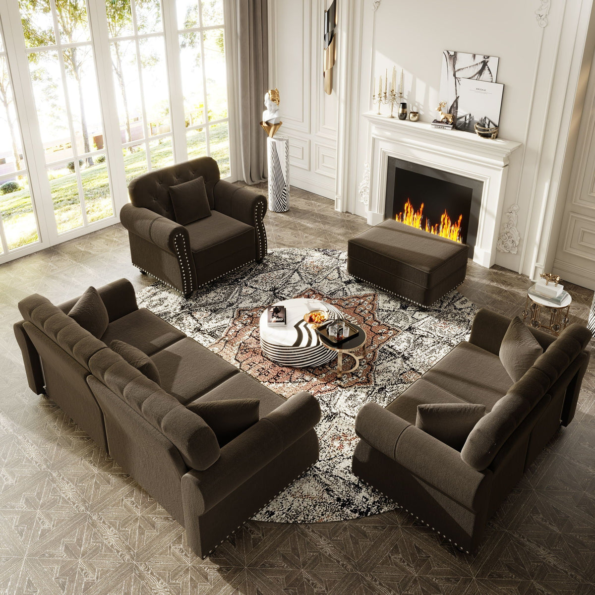 Upholstered Sofa Set with Nailhead and Pillows