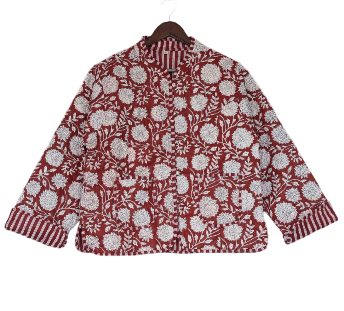 The Charlotte Jacket in Maroon Posy with white floral print and striped cuffs on Tampa Home & Garden Store