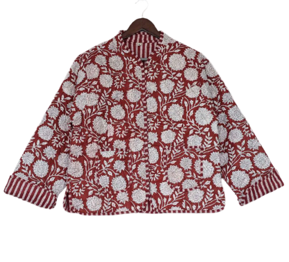 The Charlotte Jacket in Maroon Posy with white floral print and striped cuffs on Tampa Home & Garden Store
