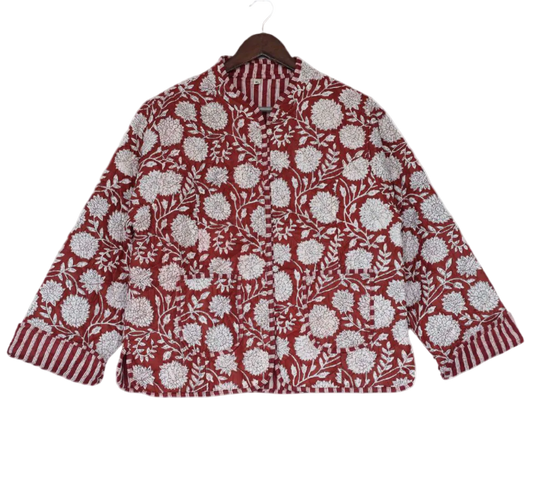 The Charlotte Jacket in Maroon Posy with white floral print and striped cuffs on Tampa Home & Garden Store