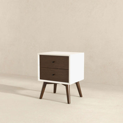 Mid-Century modern nightstand with 2 drawers, white frame and dark brown fronts, angled legs on Tampa Home & Garden Store
