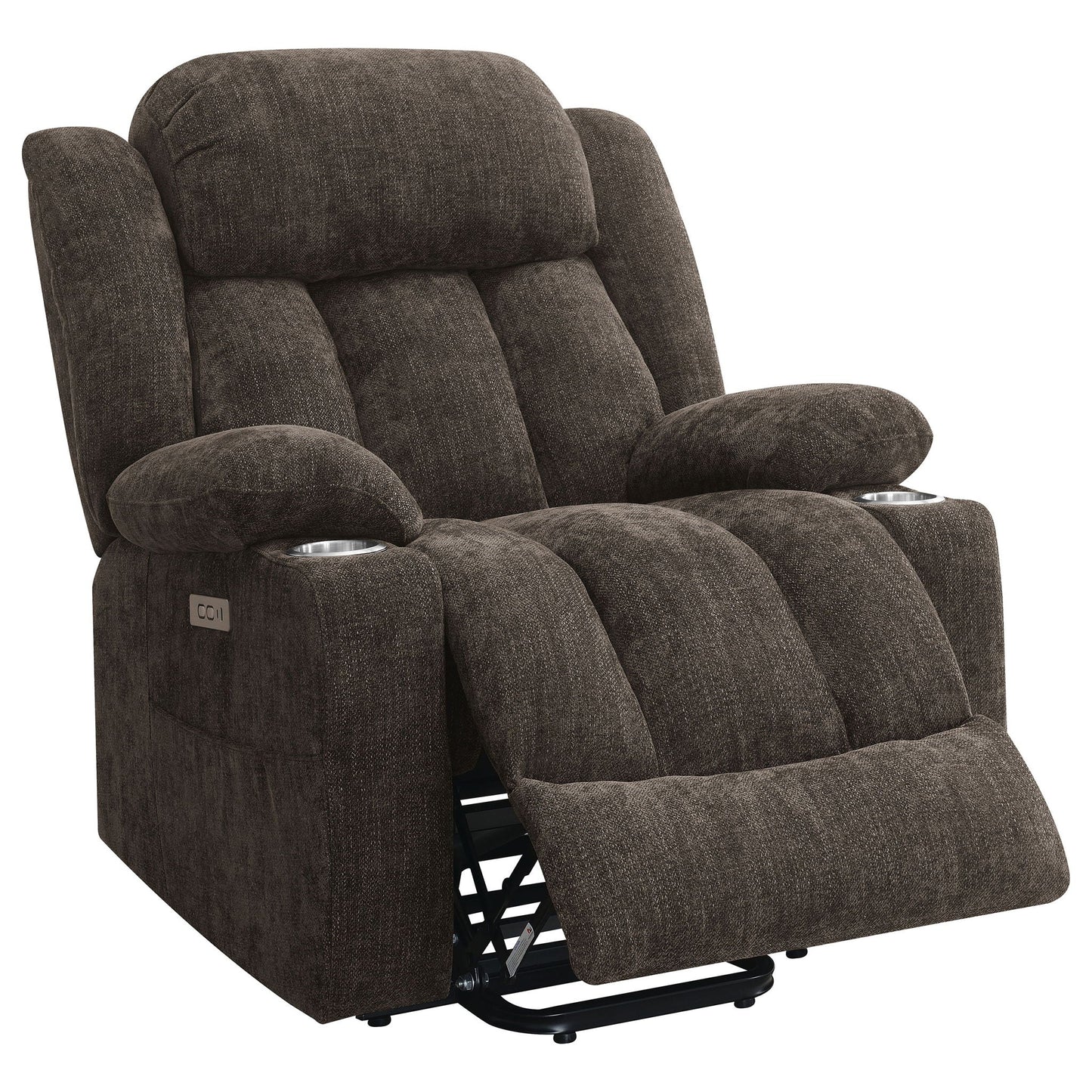 Beca Upholstered Power Lift Recliner with cupholders USB charging dark brown fabric on Tampa Home & Garden Store