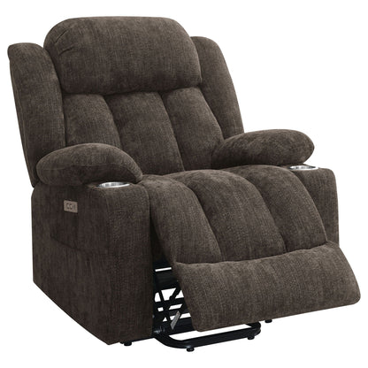 Beca Upholstered Power Lift Recliner with cupholders USB charging dark brown fabric on Tampa Home & Garden Store