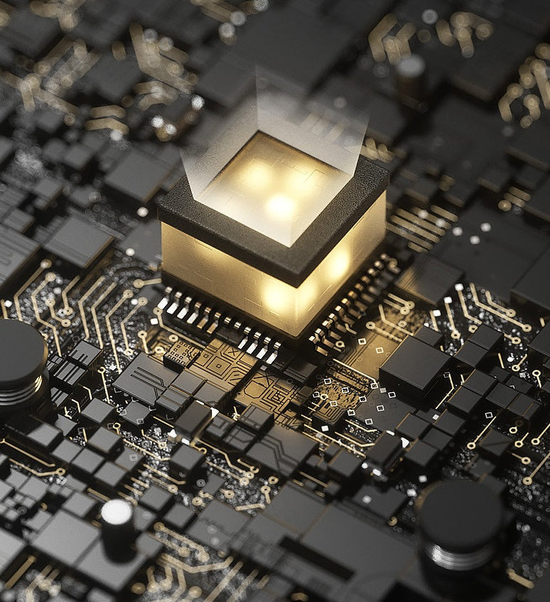 Waterproof Bluetooth speaker circuit board close-up with a glowing golden cube component on Tampa Home & Garden Store