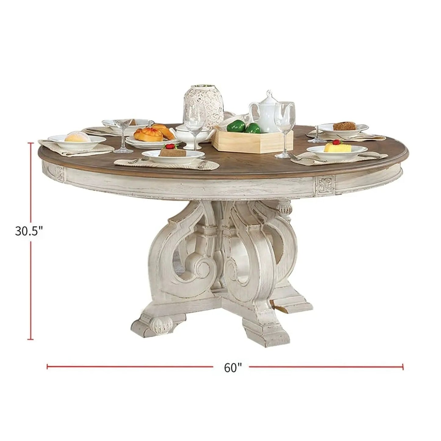 Elegant Dining Set Round Table And Side Chairs with distressed white pedestal base and wood top on Tampa Home & Garden Store