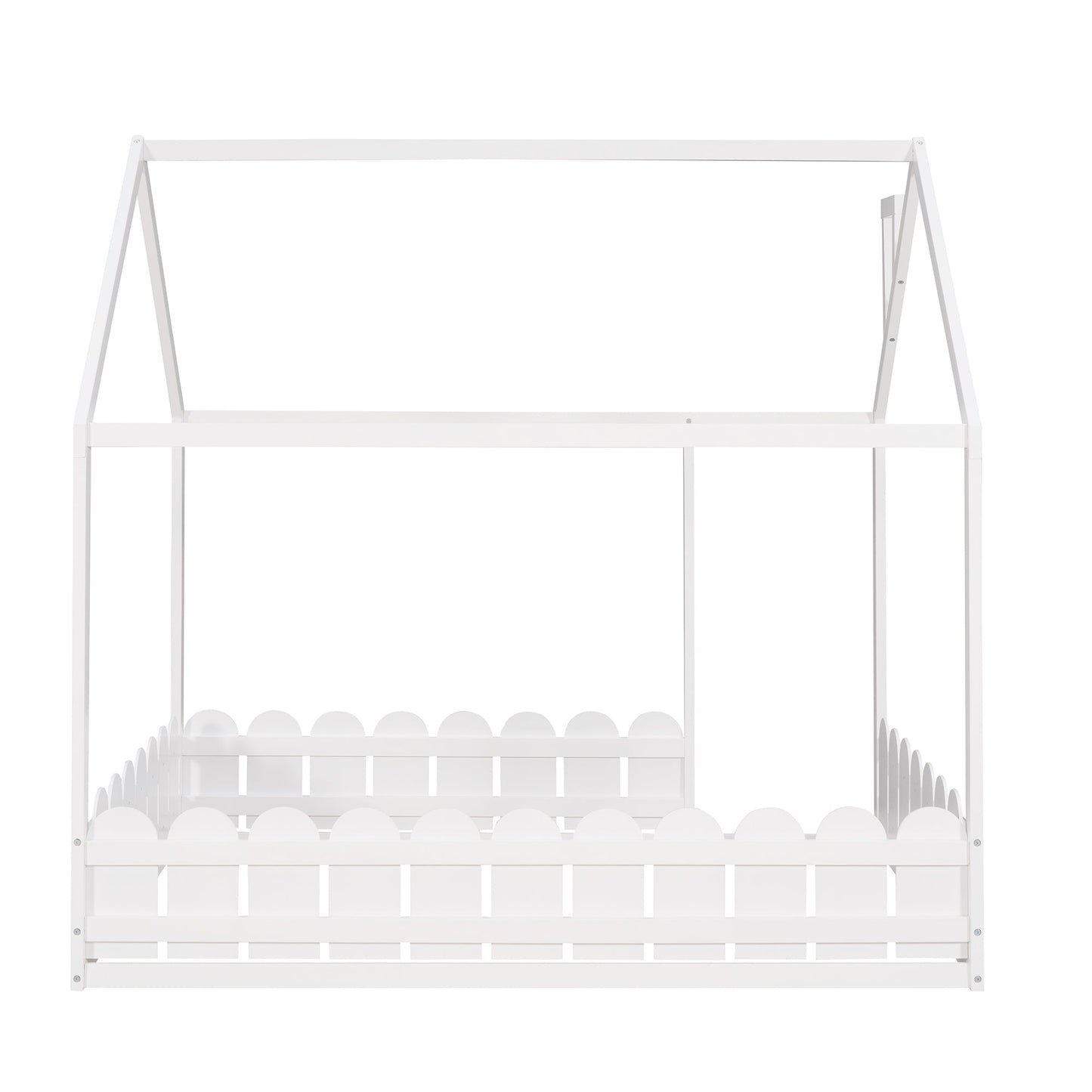 Full Size Wood Bed House Bed Frame with Fence for Kids (White)