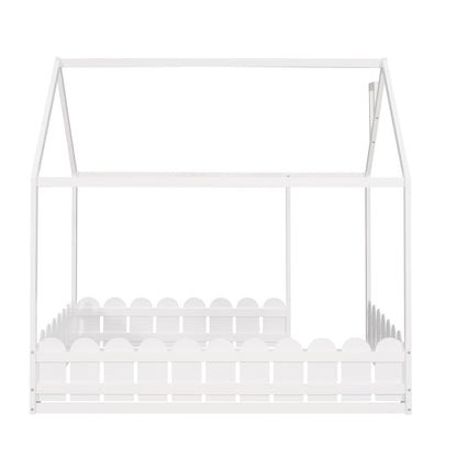 Full Size Wood Bed House Bed Frame with Fence for Kids (White)