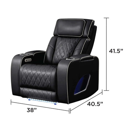 Fortuner Power Reclining Chair black leather with diamond stitching built-in arm controls on Tampa Home & Garden Store