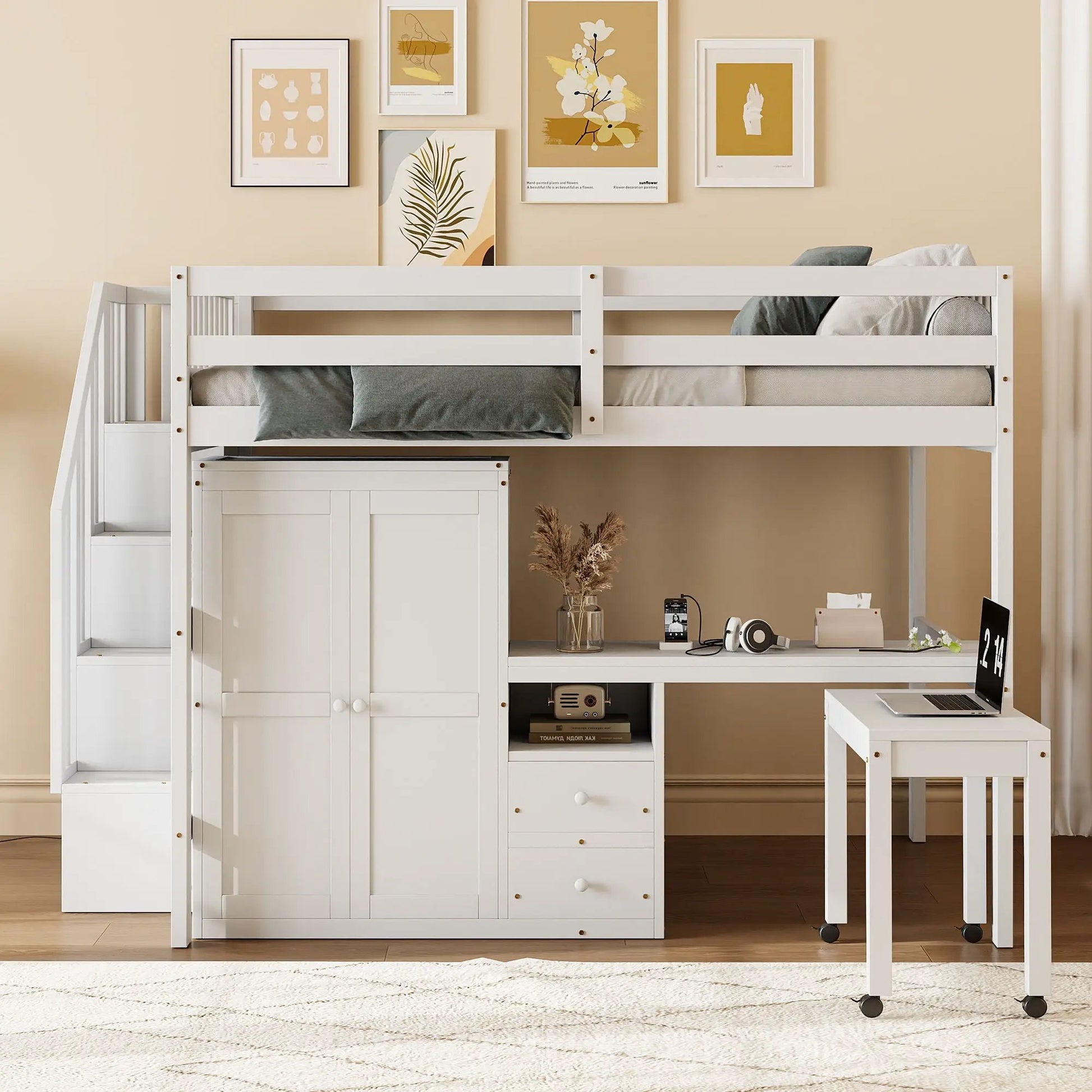 Loft bed with stairs, desk and wardrobe in white finish by Unique Piece Furniture on Tampa Home & Garden Store