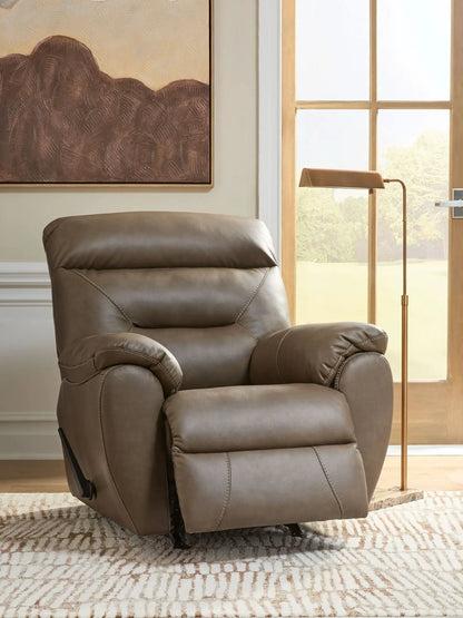 Elksworth Rocker Recliner, taupe leather with plush arms, by Unique Piece Furniture on Tampa Home & Garden Store