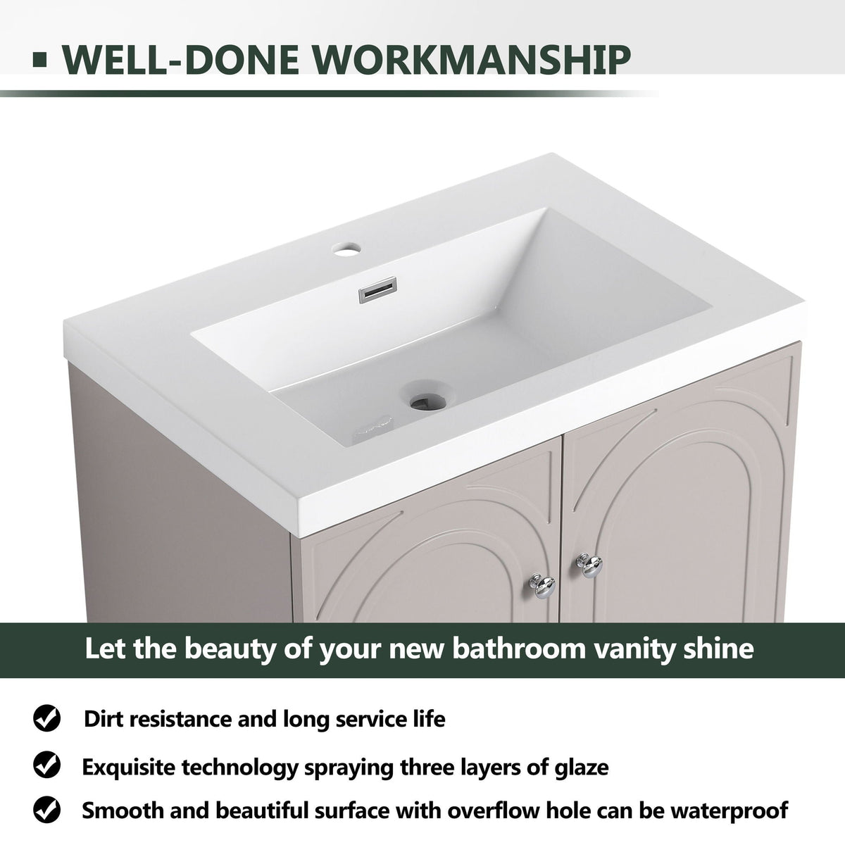 Freestanding bath vanity by HouseOfZazla with resin sink and door, white top, beige 2 doors on Tampa Home & Garden Store