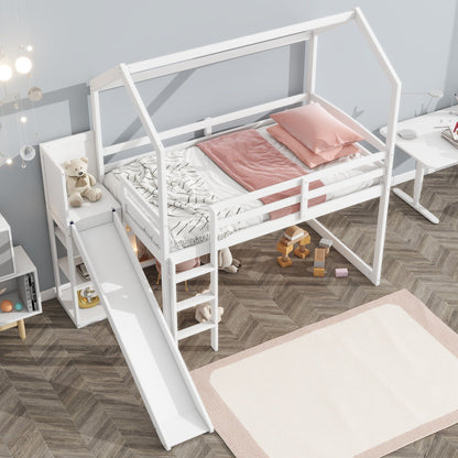 HouseOfZazla white loft bed with slide, storage shelves and climbing ramp on Tampa Home & Garden Store
