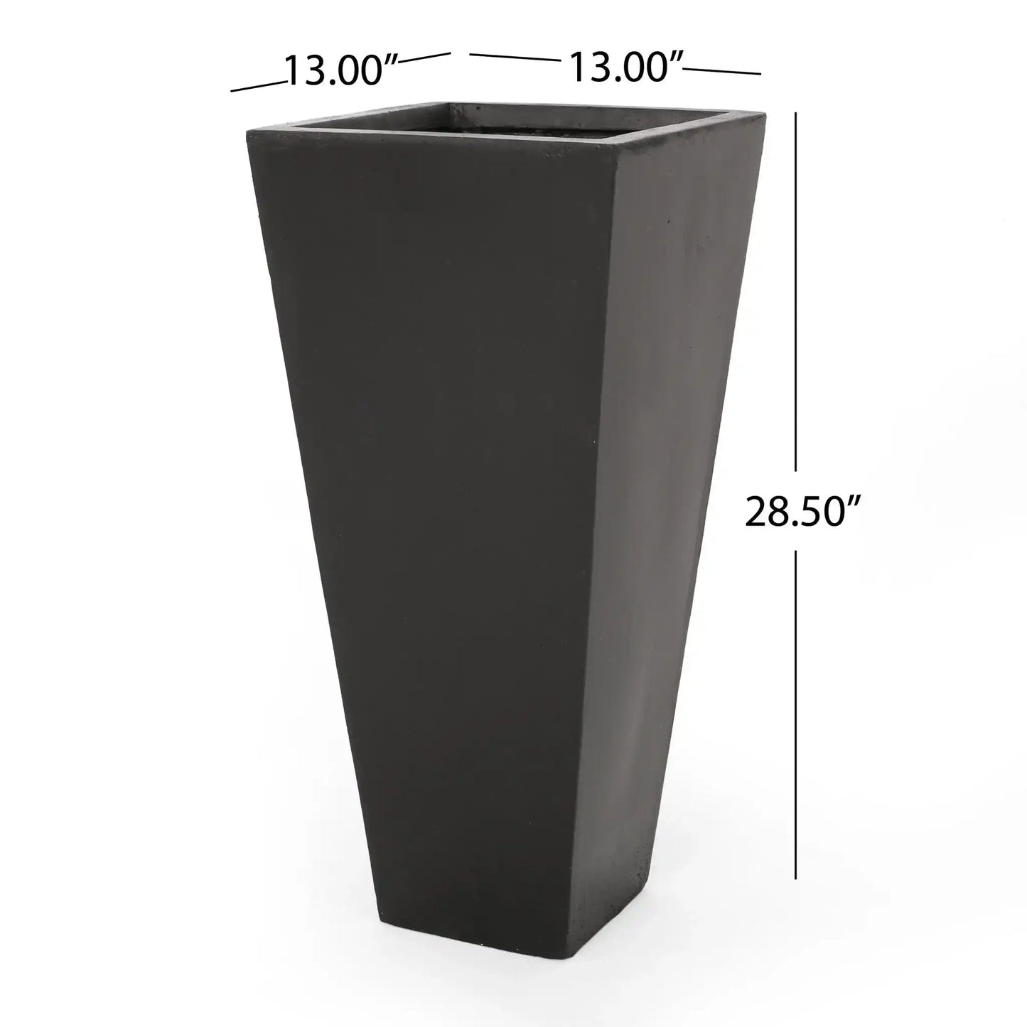 Outdoor modern cast stone planter in dark charcoal, tall tapered square silhouette on Tampa Home & Garden Store