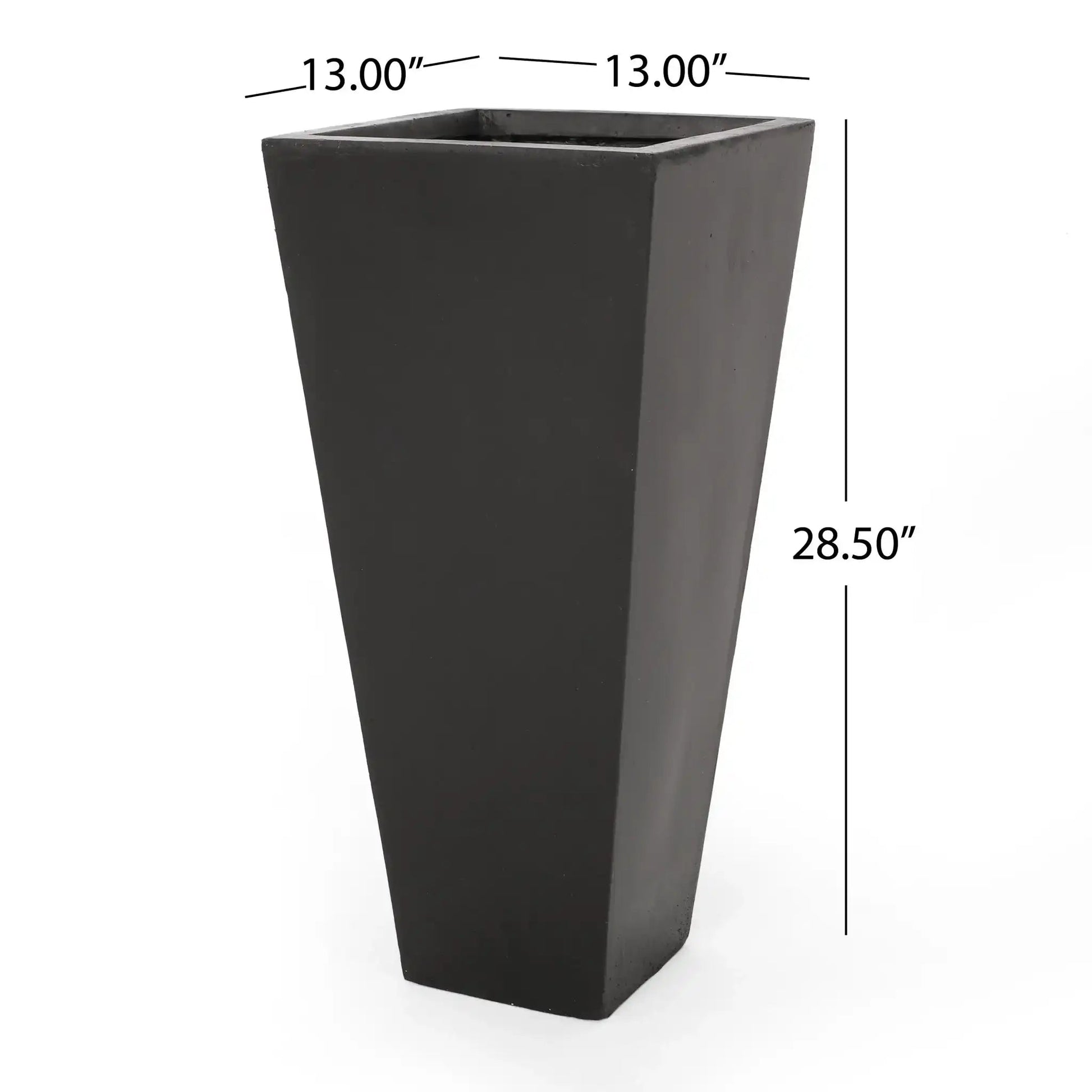Outdoor modern cast stone planter in dark charcoal, tall tapered square silhouette on Tampa Home & Garden Store