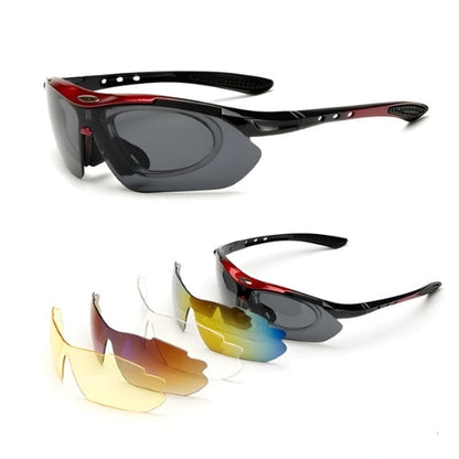 BikerZoneZ cycling sunglasses with dark gray lenses and red-accent frame; six interchangeable lens colors on Tampa Home & Garden Store