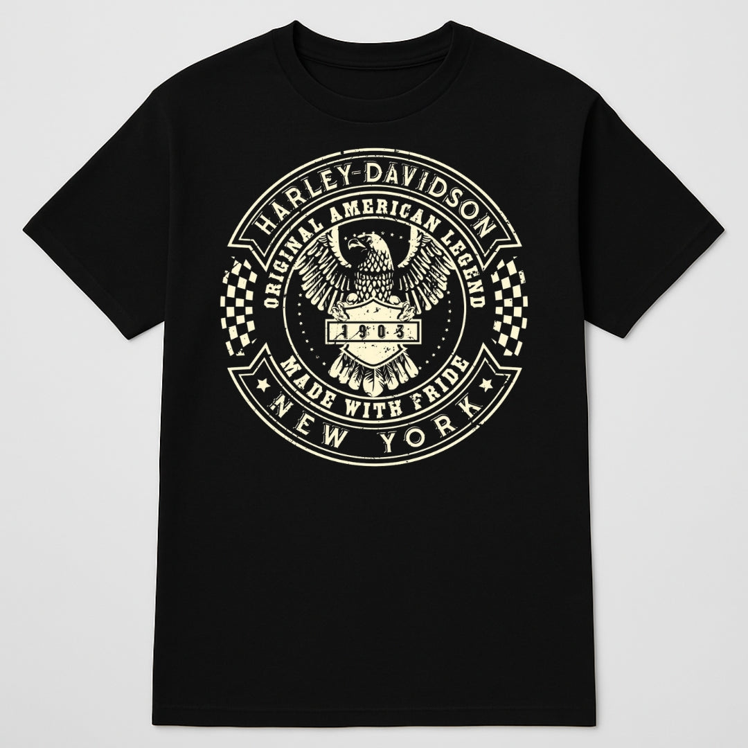 Black T-shirt featuring cream Harley-Davidson eagle crest and circular logo on Tampa Home & Garden Store