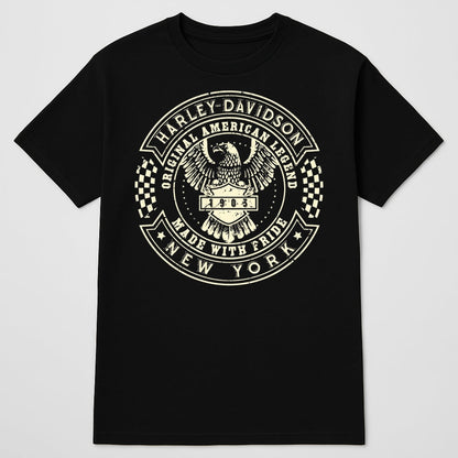 Black T-shirt featuring cream Harley-Davidson eagle crest and circular logo on Tampa Home & Garden Store
