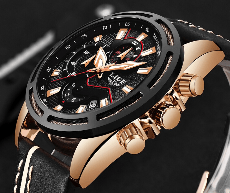 Stevvex waterproof men's sport watch with rose-gold case, black dial, leather strap on Tampa Home & Garden Store