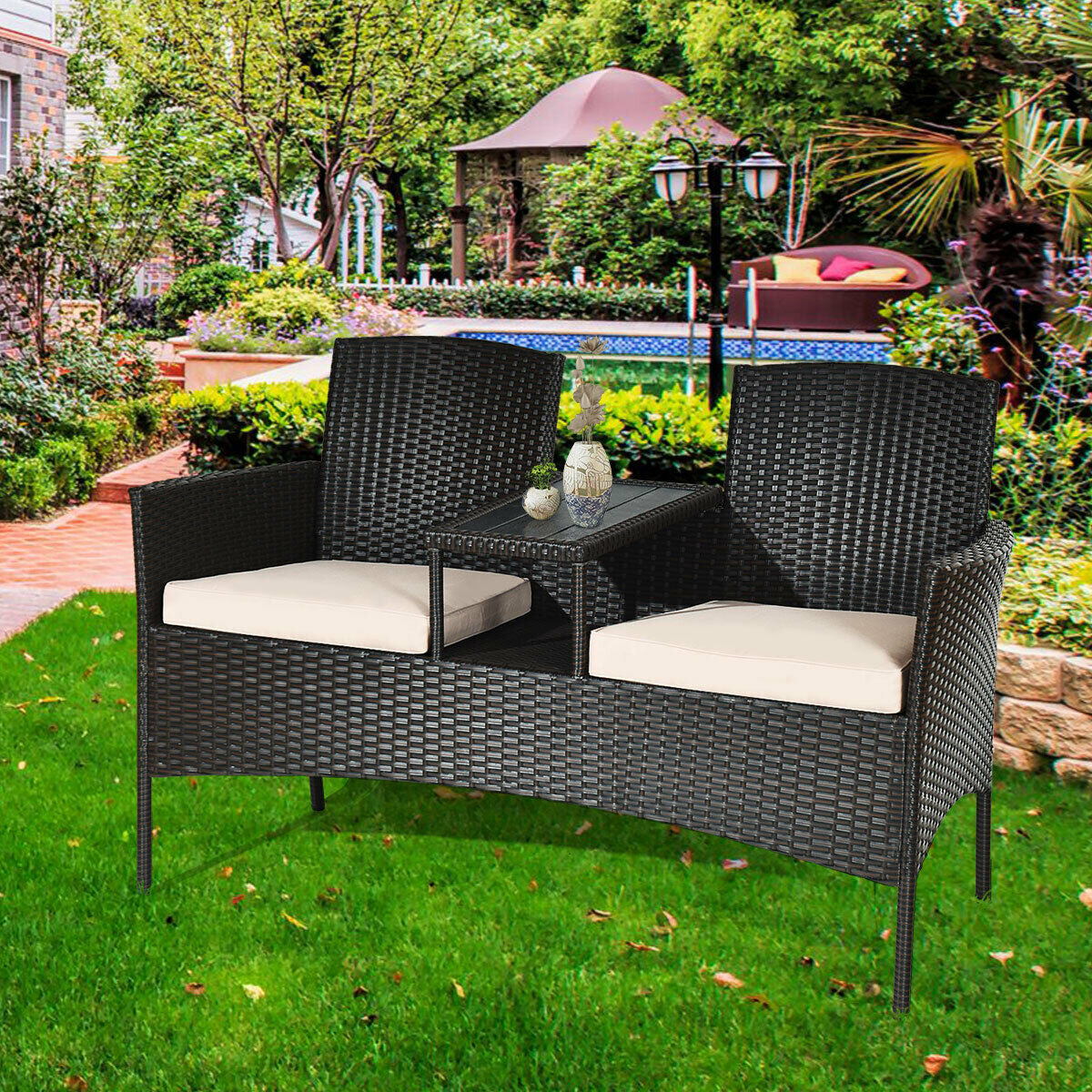 Juego moderno de conversación para patio con mesa de café integrada y cojines - Beige