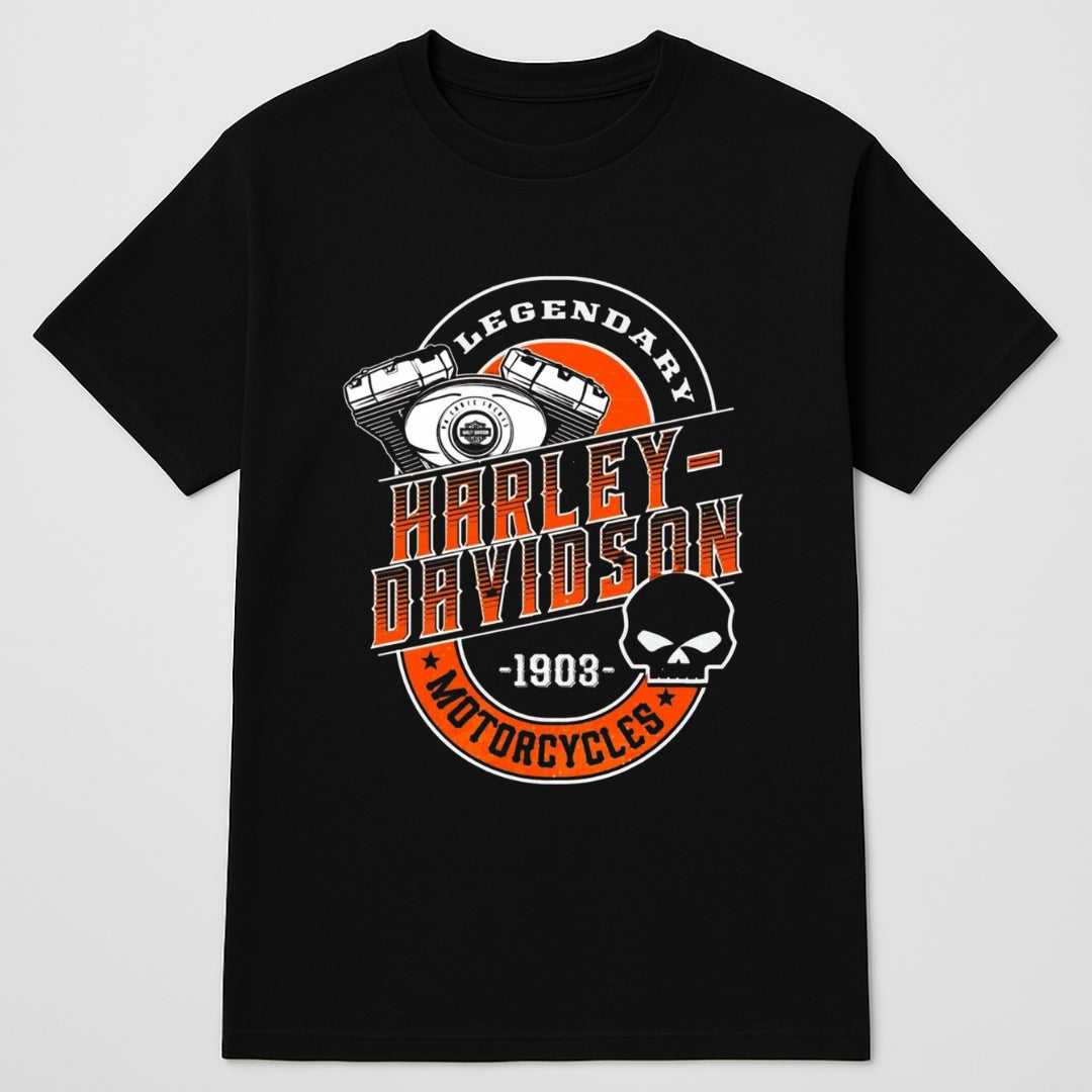 Black Harley-Davidson T-shirt with legendary engine graphic, orange circle and skull motif on Tampa Home & Garden Store