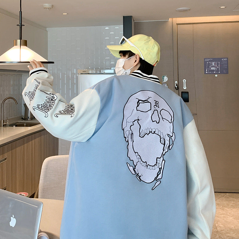 Stevvex bomber jacket with large skull back graphic, light blue body and off-white sleeves on Tampa Home & Garden Store
