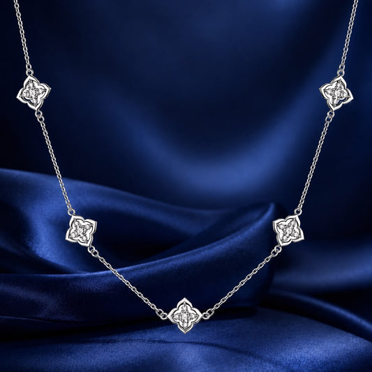 925 Sterling Silver Moissanite Necklace with square floral charms on a silver chain 40+5cm on Tampa Home & Garden Store