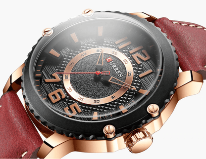Men's waterproof sport watch with burgundy leather strap, rose-gold case, large numerals on Tampa Home & Garden Store