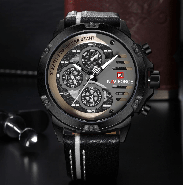 Men's waterproof chronograph watch with black leather strap, Naviforce logo and steel case on Tampa Home & Garden Store