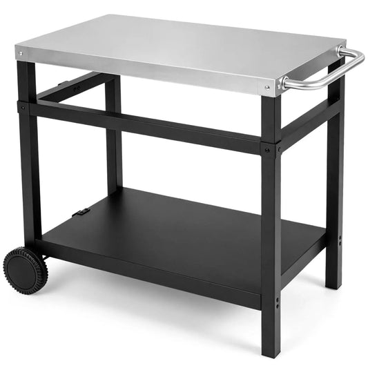 Double-Shelf Grill Table 34x20 steel top, DirectDeals grill cart, black frame, 2 shelves, wheels on Tampa Home & Garden Store