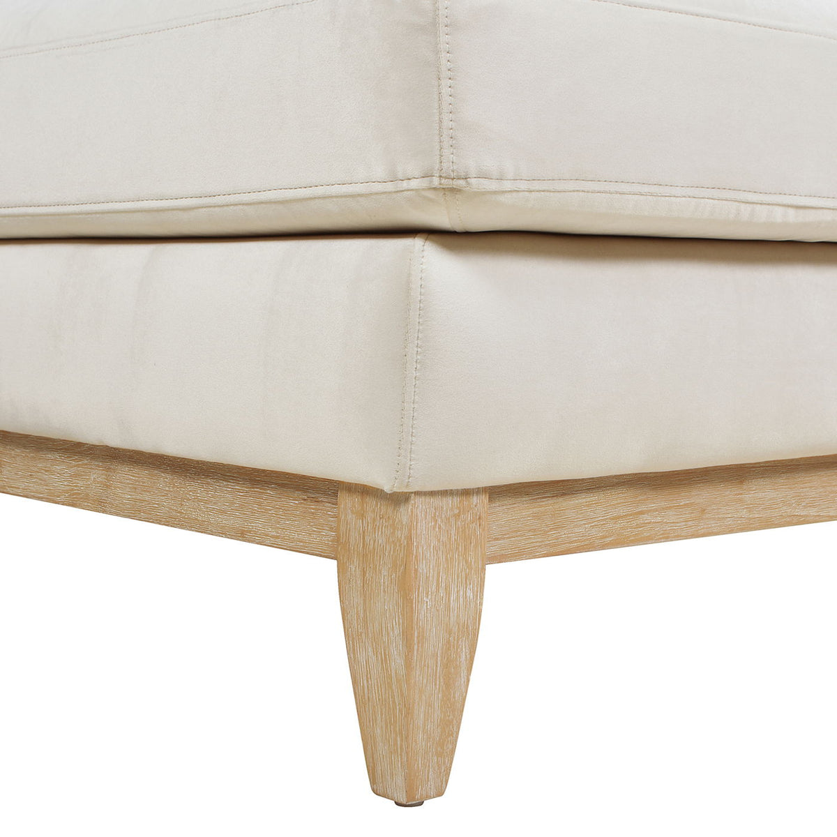 Modern Farmhouse chaise lounge chair with removable beige cushions and natural wood legs on Tampa Home & Garden Store