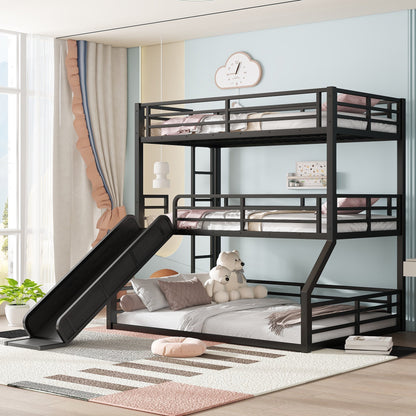 Twin over twin over full bunk bed with slide in black metal frame by HouseOfZazla for kids room on Tampa Home & Garden Store