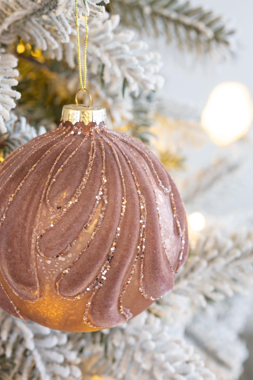 Decorative hanging glass ornament mauve with gold glitter swirls, set of 6 HouseOfZazla on Tampa Home & Garden Store