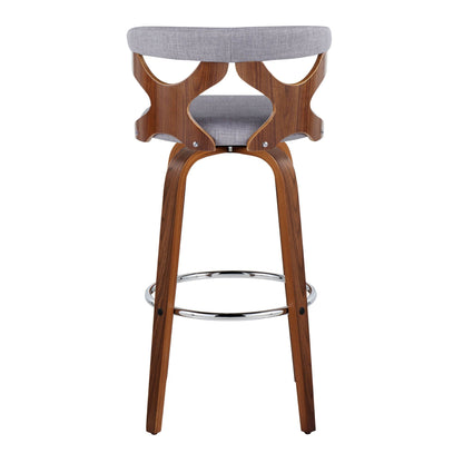 Mid century modern swivel barstool with gray padded upholstery and curved wood frame on Tampa Home & Garden Store