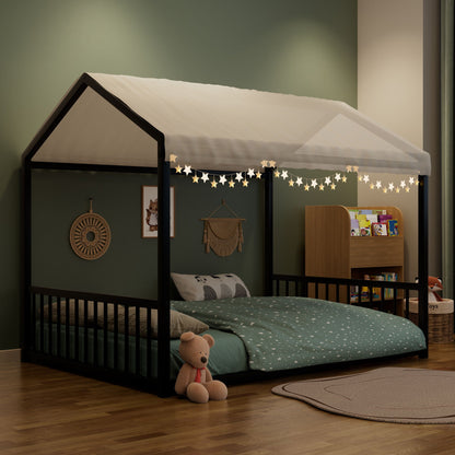 Montessori-style floor house bed with safety guardrails, black frame and white canopy on Tampa Home & Garden Store