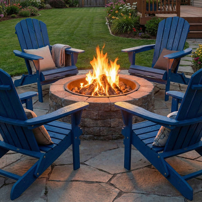 Six navy blue folding Adirondack lounge chairs with embossed grain around a stone fire pit on Tampa Home & Garden Store