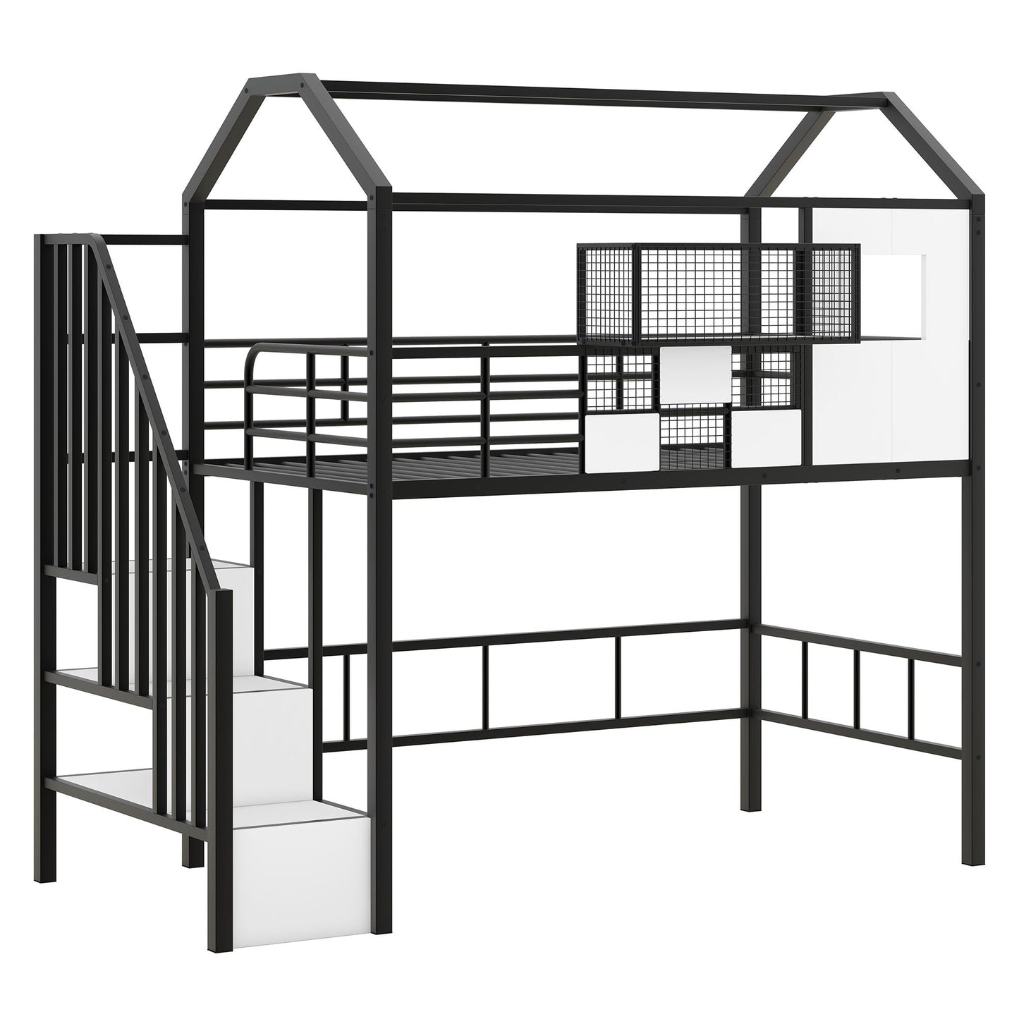 Metal loft bed with roof design, guardrails, integrated ladder and storage box by HouseOfZazla on Tampa Home & Garden Store