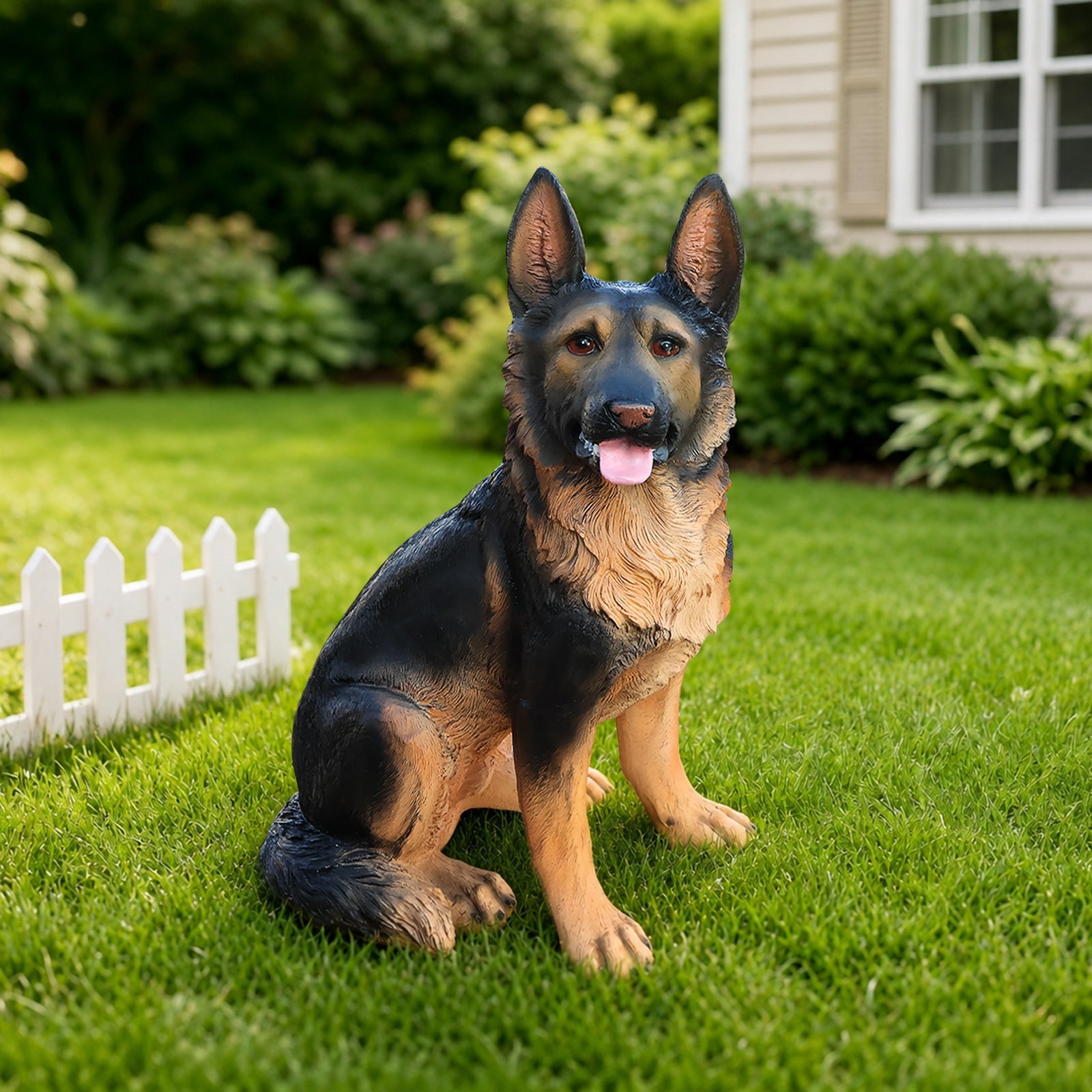 Outdoor German Shepherd garden statue in black and tan, lifelike pose on Tampa Home & Garden Store