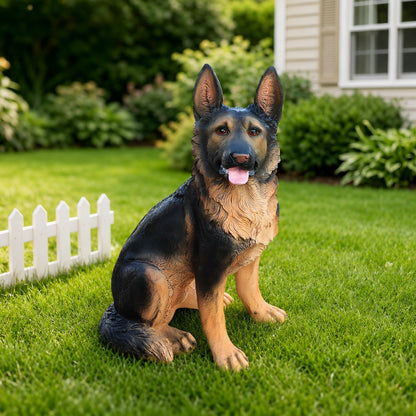 Outdoor German Shepherd garden statue in black and tan, lifelike pose on Tampa Home & Garden Store