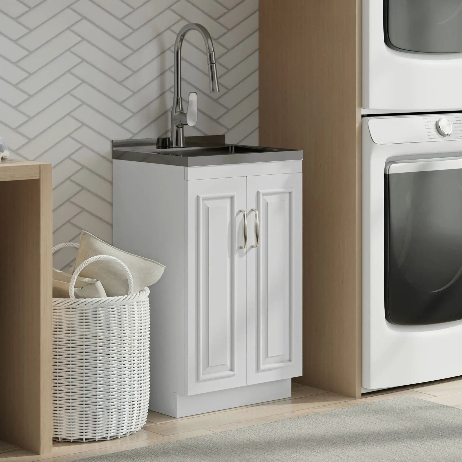 Darwin Deluxe Laundry Cabinet with pull-out faucet and stainless steel sink, white vanity on Tampa Home & Garden Store