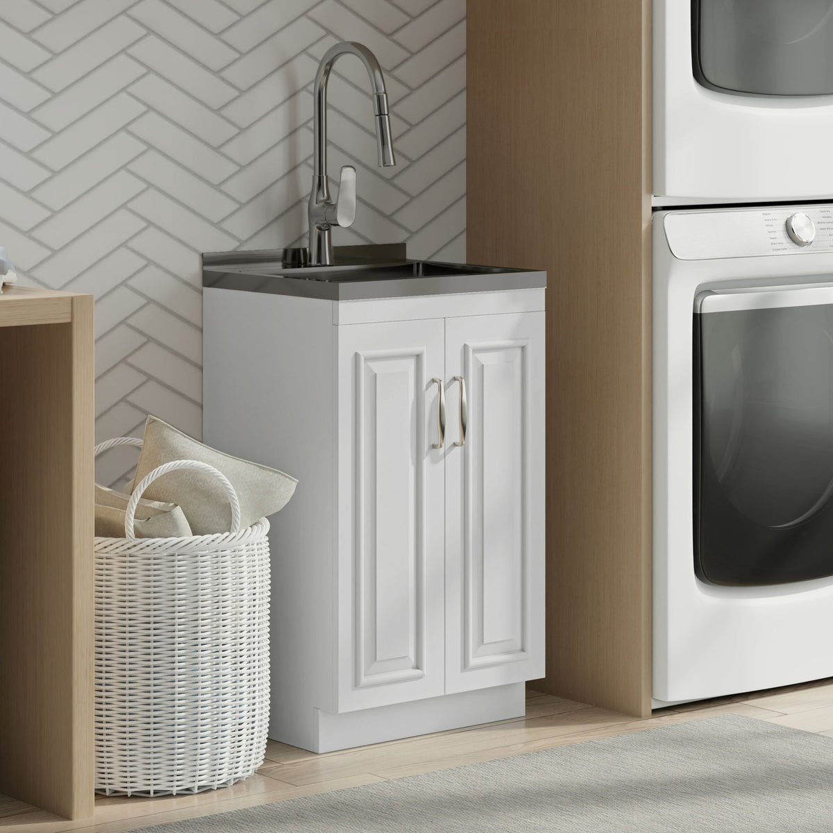 Deluxe Laundry Cabinet with Stainless Steel Sink, white vanity beside washer and dryer on Tampa Home & Garden Store