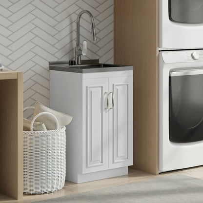 Deluxe Laundry Cabinet with Stainless Steel Sink, white vanity beside washer and dryer on Tampa Home & Garden Store